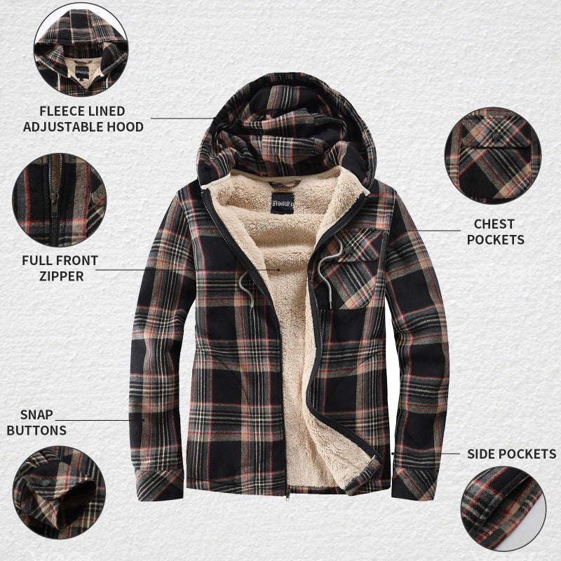 Elesuit Men's Full Zip Fleece Flannel Jackets Shirt Plaid Cotton Hoodies Soft Warm Coat for Men with Hood Red Large - Image 5