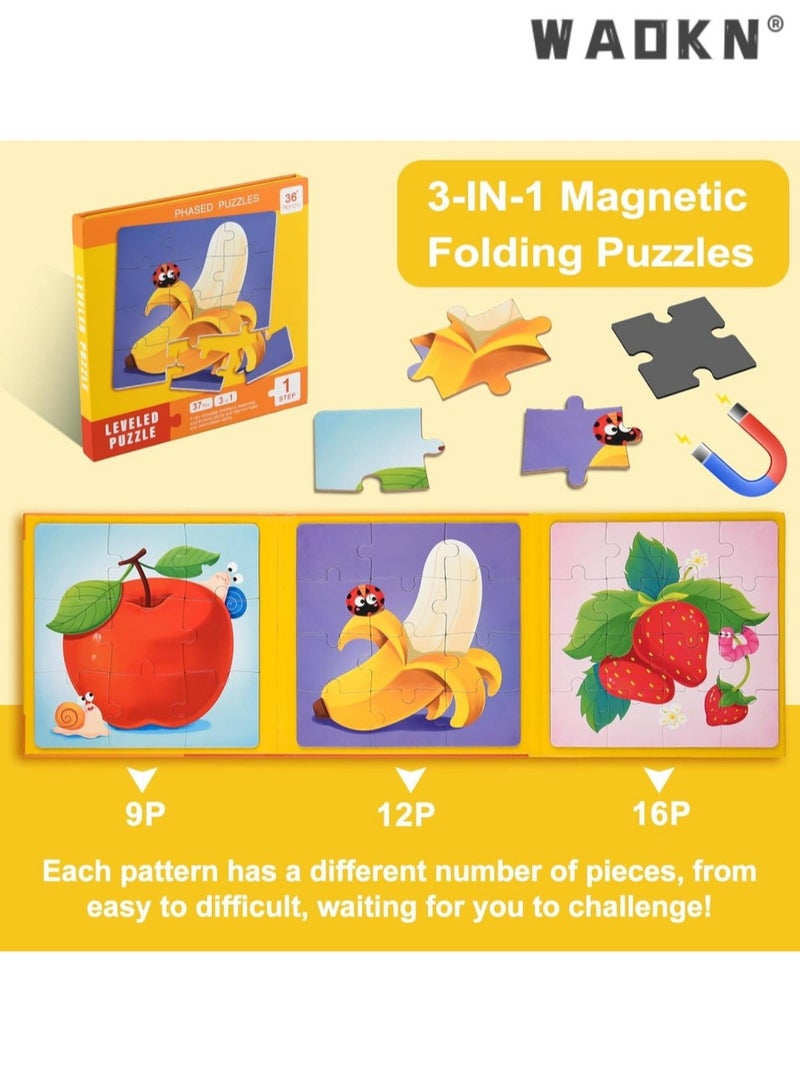 WAOKN Magnetic Puzzle Book Fruit, Magnetic Puzzle for Kids 3-5 Years Old, Premium Version 9-12-16 Piece Fruit Paper Puzzle Book, Suitable for Toddlers, Travel Games, Preschool Educational Learning Toys - Image 4