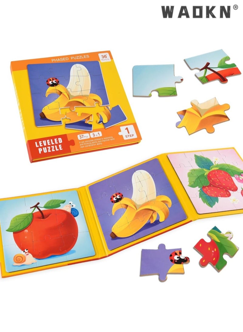 WAOKN Magnetic Puzzle Book Fruit, Magnetic Puzzle for Kids 3-5 Years Old, Premium Version 9-12-16 Piece Fruit Paper Puzzle Book, Suitable for Toddlers, Travel Games, Preschool Educational Learning Toys - Image 1