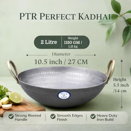PTR Smooth Edge Iron Kadai 2 Litre 10.5 Inch Food Grade Hammered Heavy Base Lohe Ki Kadhai Metal Spoon Friendly Gas Induction Compatible 20 Year Warranty 1250 Gram - Image 2
