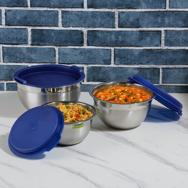 Kraft ​Kraft Stainless Steel Food Storage Containers Set of 3 (14cm, 16cm, 18cm) | Airtight Tiffin/Lunch Box with BPA-Free Lids | Durable Steel Snacks Dabba | 2-Year Warranty – Blue - Image 2