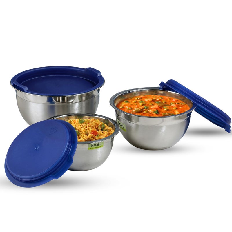 Kraft ​Kraft Stainless Steel Food Storage Containers Set of 3 (14cm, 16cm, 18cm) | Airtight Tiffin/Lunch Box with BPA-Free Lids | Durable Steel Snacks Dabba | 2-Year Warranty – Blue - Image 1