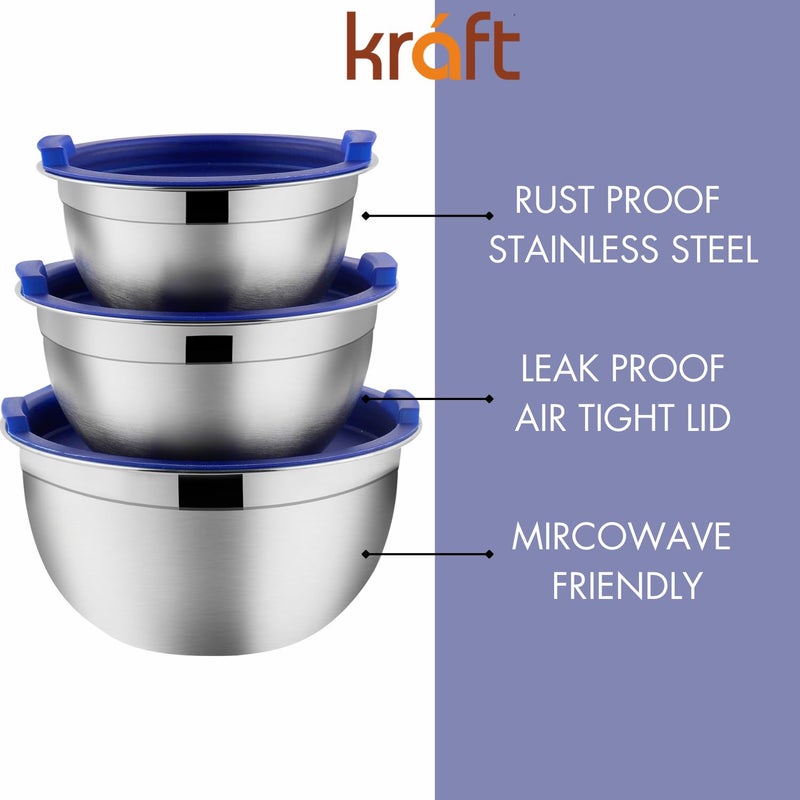 Kraft ​Kraft Stainless Steel Food Storage Containers Set of 3 (14cm, 16cm, 18cm) | Airtight Tiffin/Lunch Box with BPA-Free Lids | Durable Steel Snacks Dabba | 2-Year Warranty – Blue - Image 4