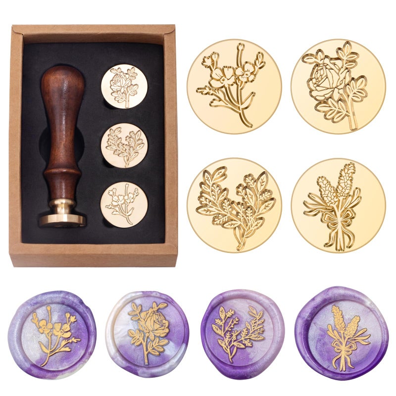 Flower and Plant Wax Seal Stamp Set Botanical Sealing Stamper Kit Romantic Rose Elegant Lavender Eucalyptus Leaf Cosmos Floral Pattern Brass Head for Wedding Invitation Card Envelope Planner Journal