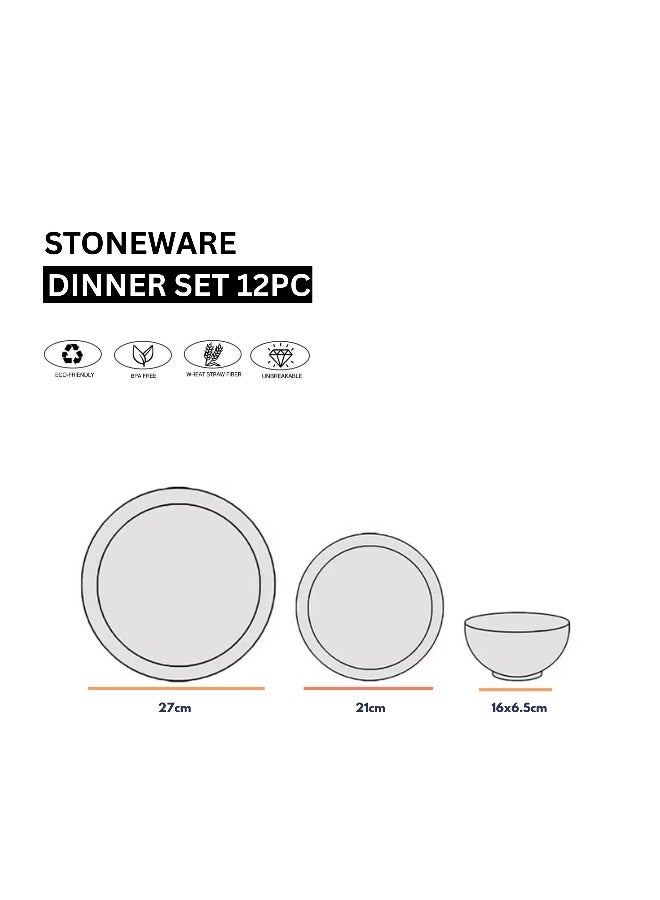 Feelings طقم عشاء من 12 قطعة من الخزف، أطباق، صحون، وعاء يخدم 4 أشخاص باللون الرمادي - Image 2