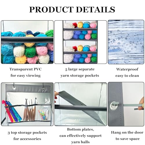 Hobekoee Hanging Yarn Storage Organizer,Large Capacity Yarn Storage Bag with 5 Yarn Balls Storage Pockets & 3 Top Crochet/Knitting Needles Pockets,Transparent Door Hanging Knitting Organizer Storage - Image 3
