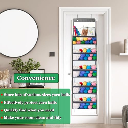 Hobekoee Hanging Yarn Storage Organizer,Large Capacity Yarn Storage Bag with 5 Yarn Balls Storage Pockets & 3 Top Crochet/Knitting Needles Pockets,Transparent Door Hanging Knitting Organizer Storage - Image 4