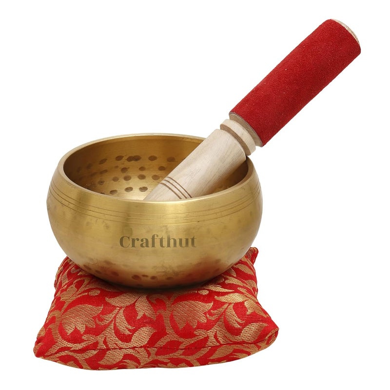 CRAFTHUT Brass Meditation Bowl with Stick and Cushion Tibetan Buddhist Singing-Bowl 4-inch Diameter (Golden) - Image 1