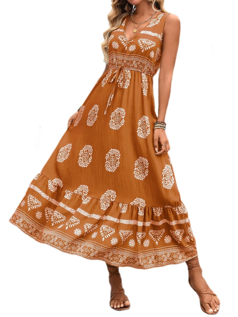 HELYO Women's Maxi Dress Summer Floral Print Flowy V Neck Sleeveless Bohemian Beach Casual Travel Long Dresses 583 Coffee Floral S - Image 5