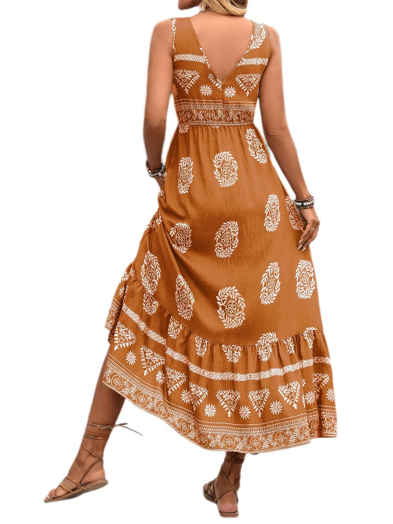 HELYO Women's Maxi Dress Summer Floral Print Flowy V Neck Sleeveless Bohemian Beach Casual Travel Long Dresses 583 Coffee Floral S - Image 2
