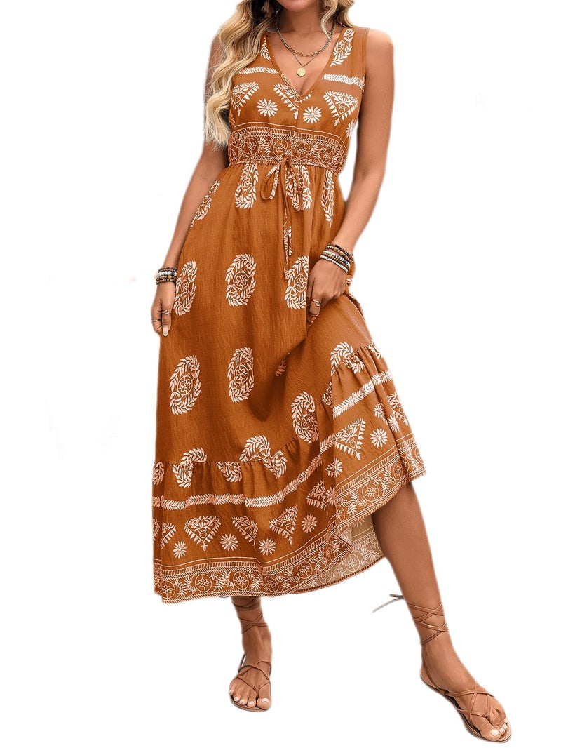 HELYO Women's Maxi Dress Summer Floral Print Flowy V Neck Sleeveless Bohemian Beach Casual Travel Long Dresses 583 Coffee Floral S - Image 4