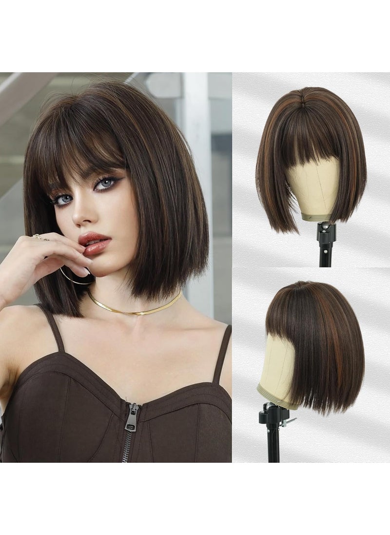 7JHH WIGS - 7JHH WIGS Short Straight Wig with Bangs 12in Short Natural Blonde Brown Bob Highlight Wig Synthetic Natural Hair Heat Resistant 150% Density Staight Layered Wig for Women Daily Used - Image 1