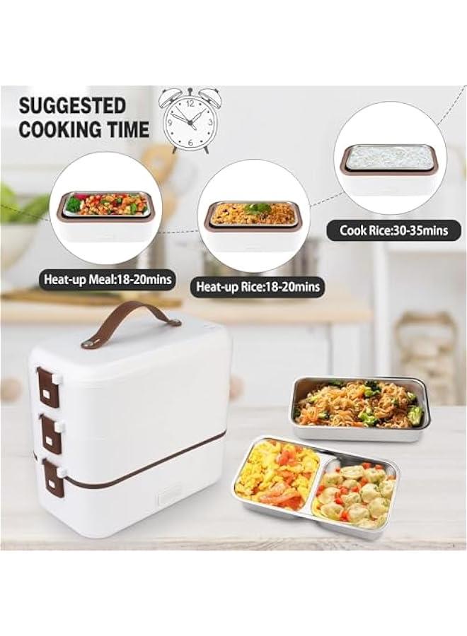 Self Cooking Electric Lunch Box, Electric Lunch Box Food Heater, 2 in 1 Portable Heated Lunch Box for Home Work Adults Student Food Heating, Leak Proof (3 Layers)