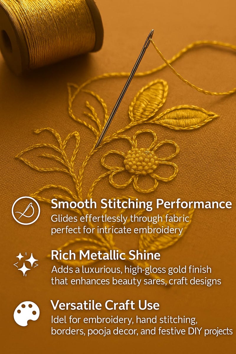 Tia Crafts Metallic Zari Thread for Embroidery & Craft Work | 0.1mm Golden Jari/China Dori | Strong Golden Thread for Sewing, Jewellery Making & DIY Art | Pack of 2 Rolls - Image 5