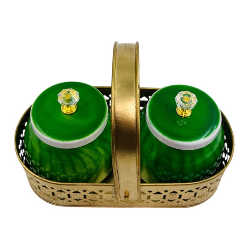 COOPTIC Elegant Dual Jar Set with Decorative Golden Basket | Handcrafted Iron Holder Featuring Traditional Art | Ideal for Kitchen Storage, Gifts & Festive Home Décor (Green) - Image 4