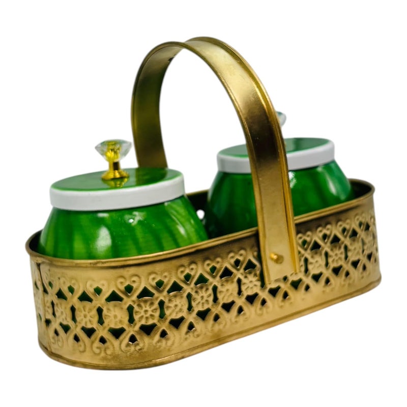 COOPTIC Elegant Dual Jar Set with Decorative Golden Basket | Handcrafted Iron Holder Featuring Traditional Art | Ideal for Kitchen Storage, Gifts & Festive Home Décor (Green) - Image 3