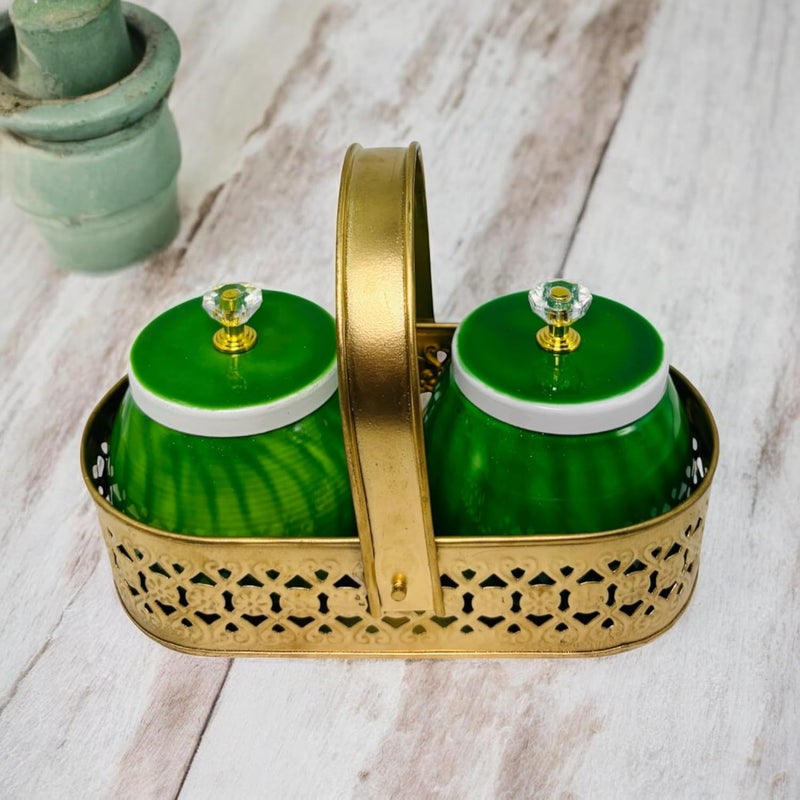 COOPTIC Elegant Dual Jar Set with Decorative Golden Basket | Handcrafted Iron Holder Featuring Traditional Art | Ideal for Kitchen Storage, Gifts & Festive Home Décor (Green) - Image 1