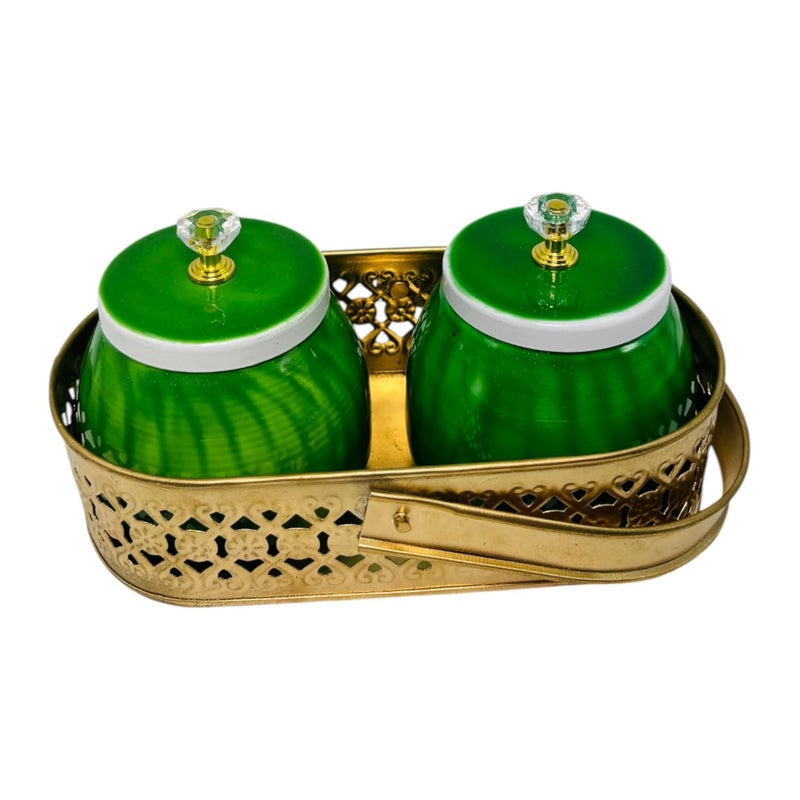 COOPTIC Elegant Dual Jar Set with Decorative Golden Basket | Handcrafted Iron Holder Featuring Traditional Art | Ideal for Kitchen Storage, Gifts & Festive Home Décor (Green) - Image 5