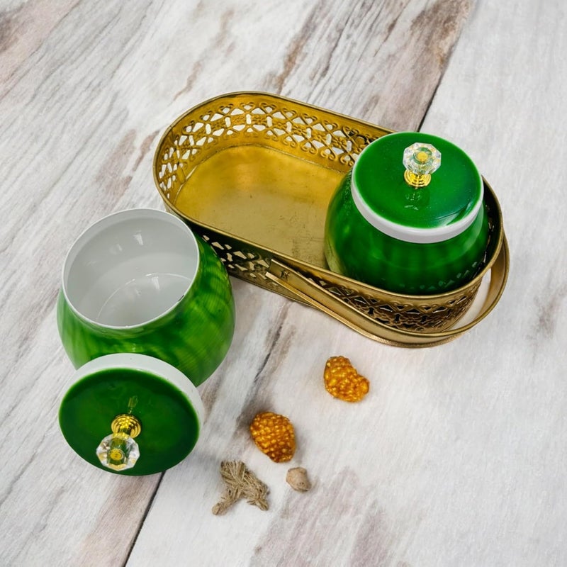 COOPTIC Elegant Dual Jar Set with Decorative Golden Basket | Handcrafted Iron Holder Featuring Traditional Art | Ideal for Kitchen Storage, Gifts & Festive Home Décor (Green) - Image 2