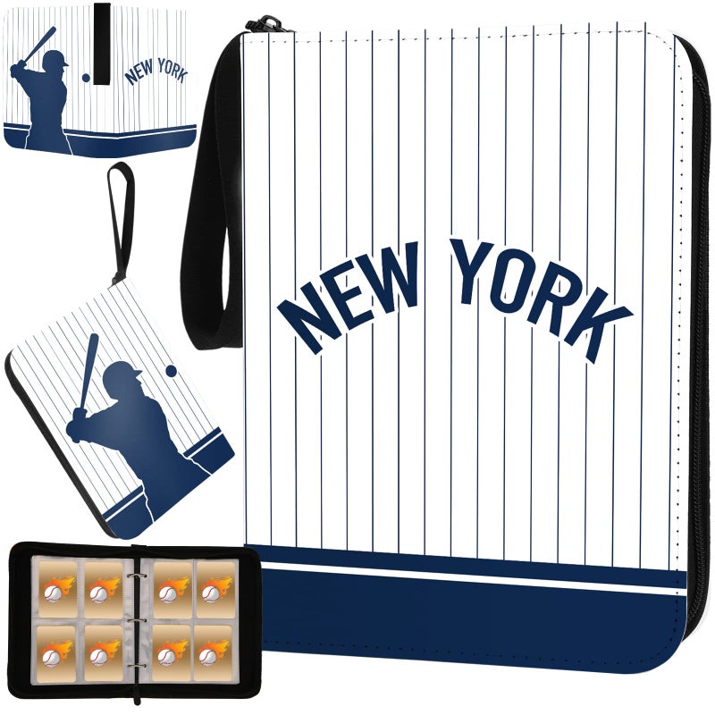 Baseball Card Binder with Sleeves 400 Pocket Baseball Card Holder for Trading Cards Baseball Collector Album New York Sports Card 3 Ring Binder Storage Book Folder for Kids Gift White