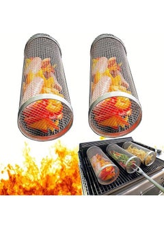 Arabest 2 Pieces BBQ Rolling Grill Basket, Stainless Steel Grill Cage, Portable Grill Cooking Grill Net Outdoor Grill Grill Basket Camping Picnic Cookware  - Image 1