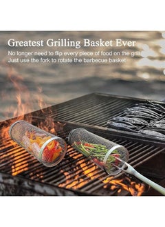Arabest 2 Pieces BBQ Rolling Grill Basket, Stainless Steel Grill Cage, Portable Grill Cooking Grill Net Outdoor Grill Grill Basket Camping Picnic Cookware  - Image 5