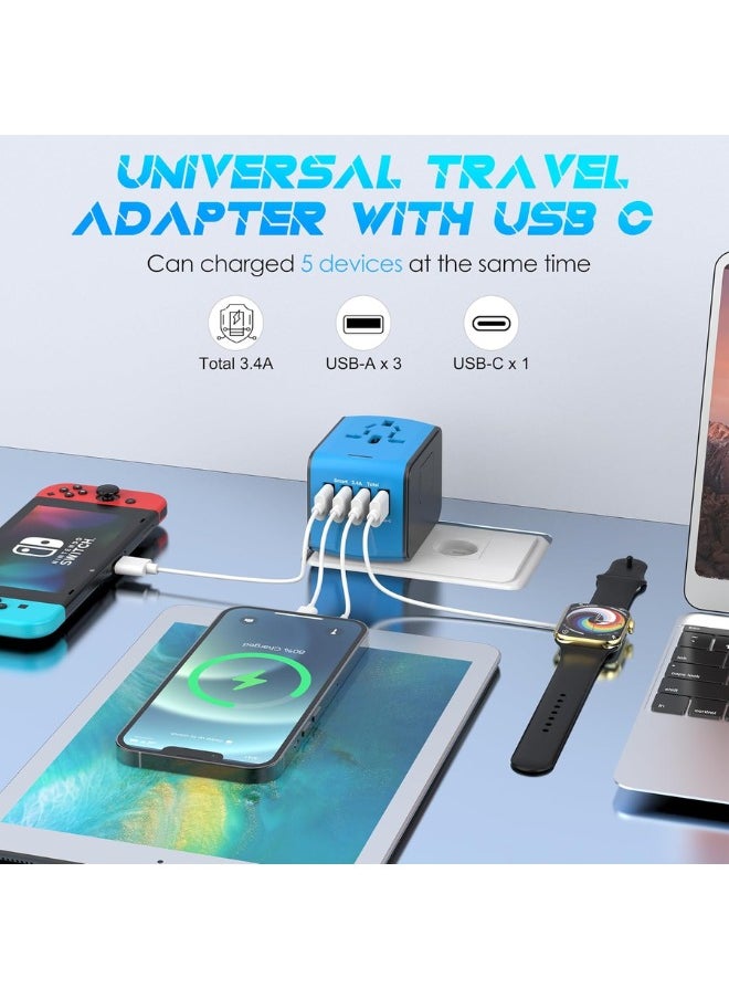 TIKNIA - Universal Travel Adapter, International Power Plug Adapter with 4 USB Ports (1 USB C) & AC Outlet, Worldwide Adaptor Wall Charger for US to Europe France Germany Spain UK AUS (Type C/G/A/I) Blue - Image 1