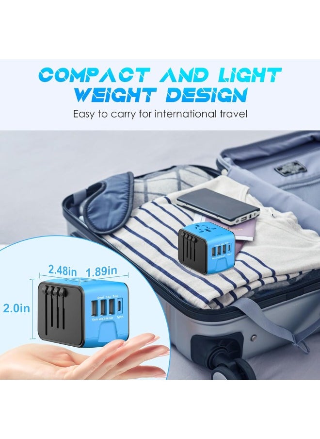 TIKNIA - Universal Travel Adapter, International Power Plug Adapter with 4 USB Ports (1 USB C) & AC Outlet, Worldwide Adaptor Wall Charger for US to Europe France Germany Spain UK AUS (Type C/G/A/I) Blue - Image 1