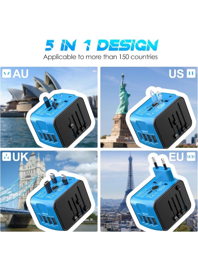 TIKNIA - Universal Travel Adapter, International Power Plug Adapter with 4 USB Ports (1 USB C) & AC Outlet, Worldwide Adaptor Wall Charger for US to Europe France Germany Spain UK AUS (Type C/G/A/I) Blue - Image 1