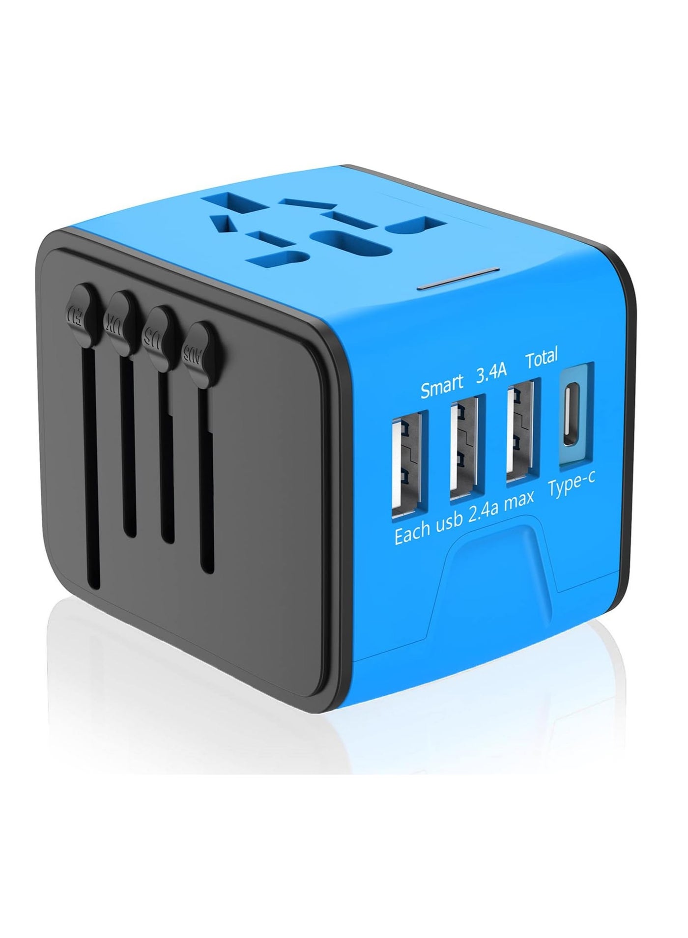 TIKNIA Universal Travel Adapter, International Power Plug Adapter with 4 USB Ports (1 USB C) & AC Outlet, Worldwide Adaptor Wall Charger for US to Europe France Germany Spain UK AUS (Type C/G/A/I) Blue