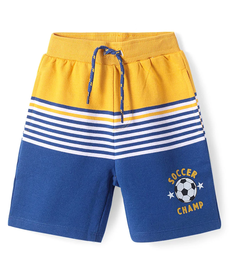 Babyhug Babyhug Cotton Knit Mid Thigh Length Shorts with Stripes & Football Print  - Yellow & Blue
