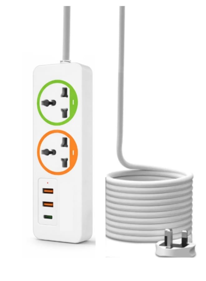 Rahnial Power Strip Extension Cord 1.8M UK 3-Pin Plug, 2 Socket Extension Lead with 2 USB Ports & Type-C Fast Charging, Universal Power Socket Strip for Home, Office, Desk, iPhone, iPad, Samsung - Image 1