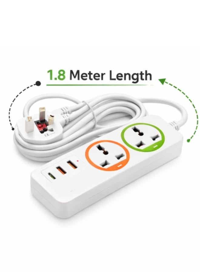 Rahnial Power Strip Extension Cord 1.8M UK 3-Pin Plug, 2 Socket Extension Lead with 2 USB Ports & Type-C Fast Charging, Universal Power Socket Strip for Home, Office, Desk, iPhone, iPad, Samsung - Image 2