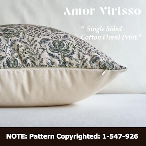 Amor Virisso Floral Pillow Covers 18x18 Set of 2 Vintage Block Print Pillow Covers Neutral Floral Striped Farmhouse Accent Decorative Pillow Covers for Sofa Bed Green - Image 3
