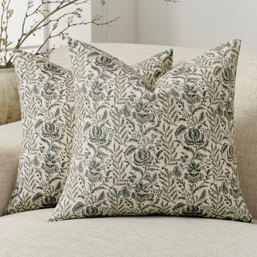 Amor Virisso Floral Pillow Covers 18x18 Set of 2 Vintage Block Print Pillow Covers Neutral Floral Striped Farmhouse Accent Decorative Pillow Covers for Sofa Bed Green - Image 1