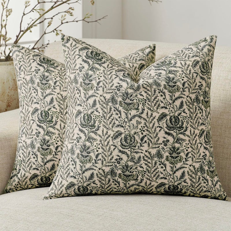 Amor Virisso Floral Pillow Covers 18x18 Set of 2 Vintage Block Print Pillow Covers Neutral Floral Striped Farmhouse Accent Decorative Pillow Covers for Sofa Bed Green - Image 2