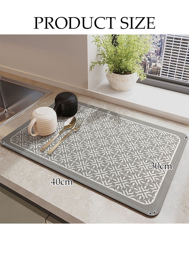 DUNISO Kitchen Drain Mat，Diatom Mud Drainage Pad，Dishwashing Mat, Insulation Mat，Tea Cup Cushion，Anti Fouling and Anti Slip，Can Be Used in Kitchens, Restaurants and Bars，30*40CM，Northern Border Decoration Pattern，Light Grey  - Image 2
