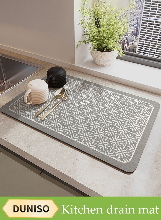 DUNISO Kitchen Drain Mat，Diatom Mud Drainage Pad，Dishwashing Mat, Insulation Mat，Tea Cup Cushion，Anti Fouling and Anti Slip，Can Be Used in Kitchens, Restaurants and Bars，30*40CM，Northern Border Decoration Pattern，Light Grey  - Image 1