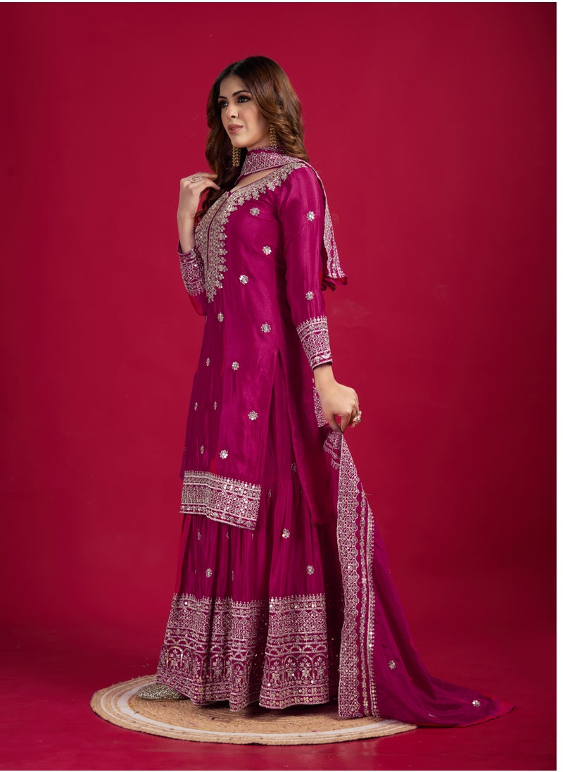 Super Asian Classic New Chinnon Silk with Heavy Embroidery Sequence Work Top-Palazzo and Dupatta Set with Fully Stitched Sharara Ready to Wear Collection  - Image 4
