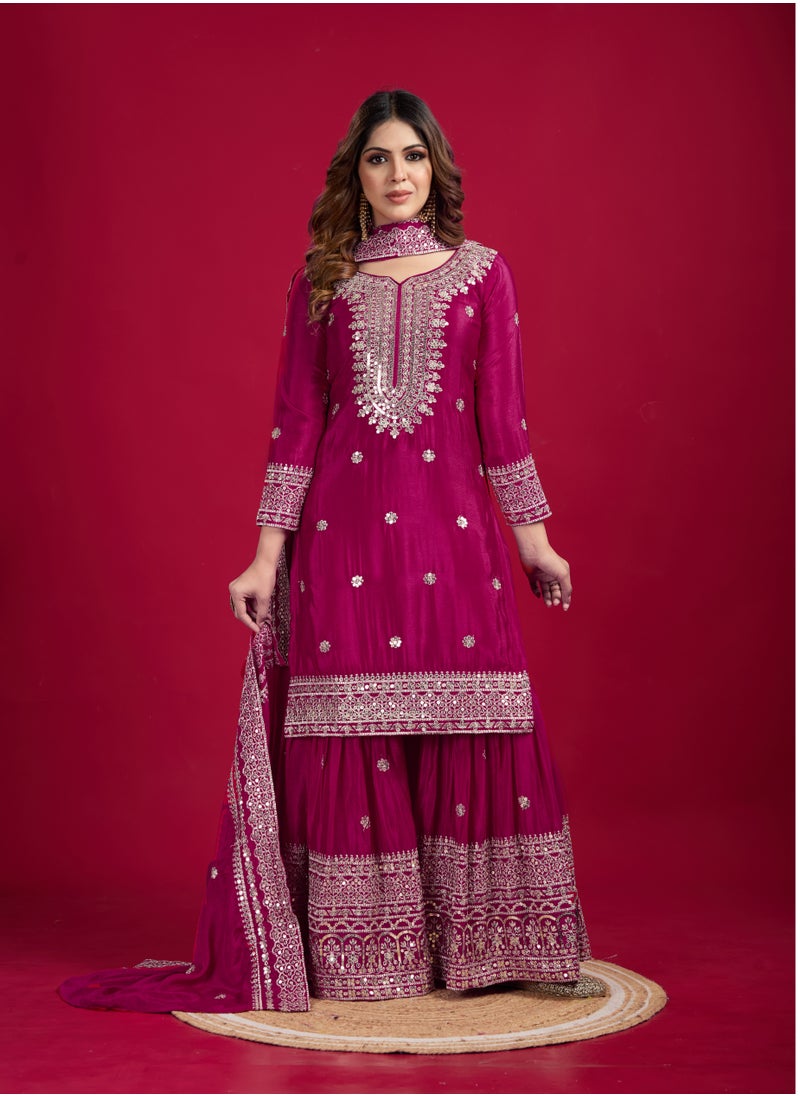 Super Asian Classic New Chinnon Silk with Heavy Embroidery Sequence Work Top-Palazzo and Dupatta Set with Fully Stitched Sharara Ready to Wear Collection  - Image 1