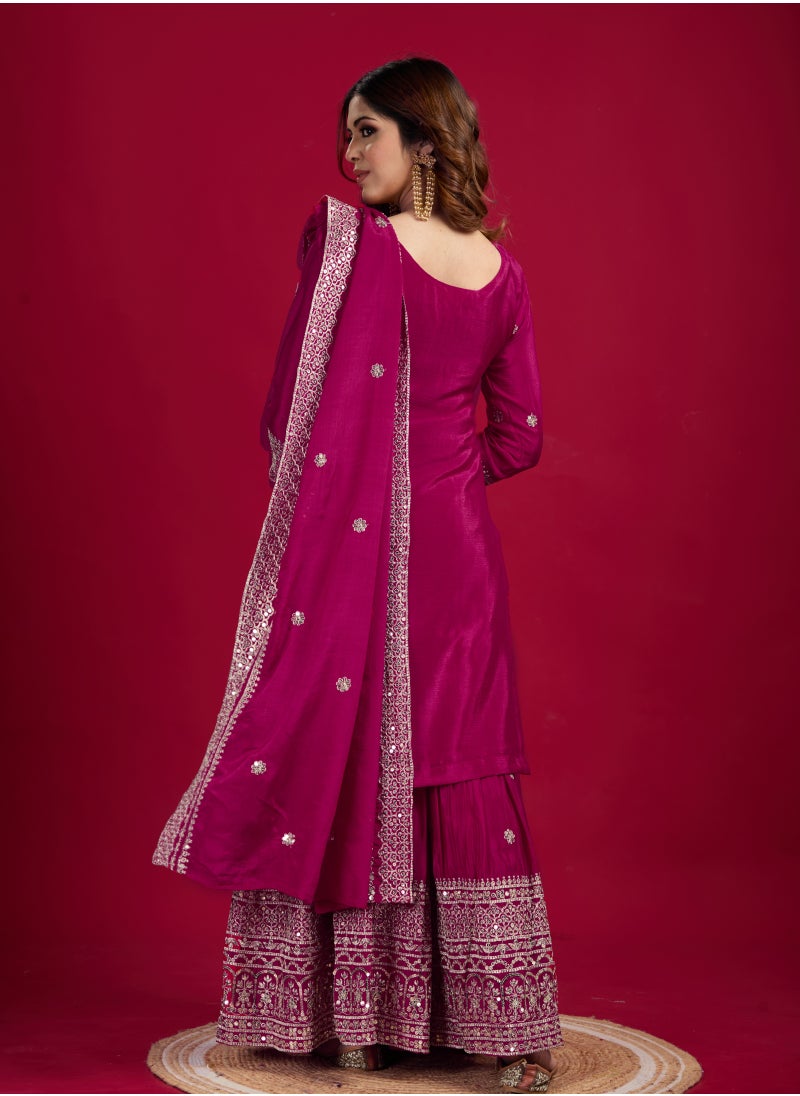 Super Asian Classic New Chinnon Silk with Heavy Embroidery Sequence Work Top-Palazzo and Dupatta Set with Fully Stitched Sharara Ready to Wear Collection  - Image 3