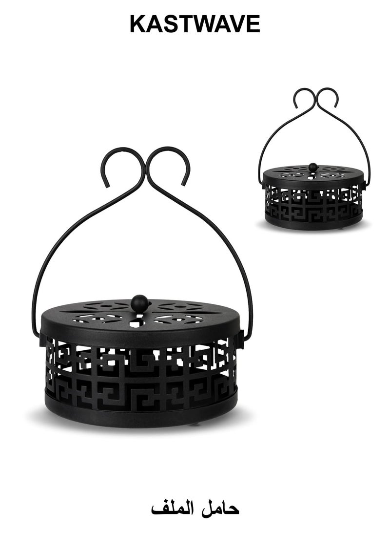 KASTWAVE Coil Holder with Handle, 2 Pcs Retro Portable Mosquito Coil Holder Incense Coil Burner, Iron Coil Holder with Handle Round Fireproof Incense Holder, for Indoor and Outdoor Camping (Black) - Image 1
