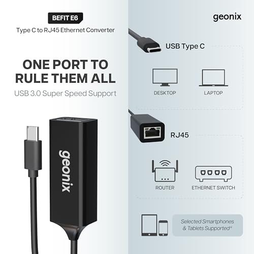 Geonix Befit E6, Type C to LAN Gigabit Ethernet Adapter, 1000 Mbps Network LAN Speed, RJ45 LAN Port, for Windows/Mac/Linux, Compatible with Laptop, Desktop, Gaming Console| Black - Image 2