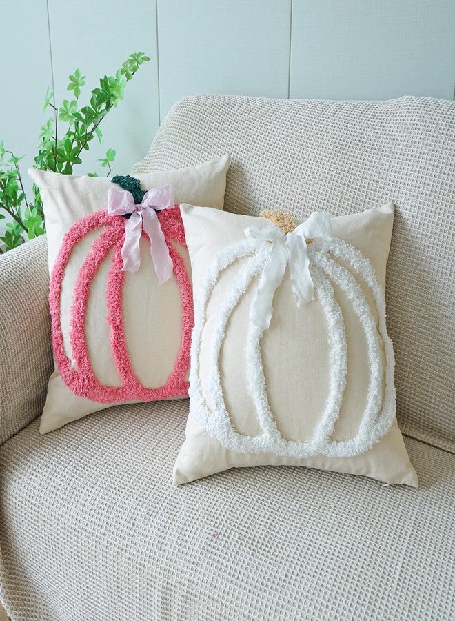 vctops Fall Pumpkin Pillow Covers 18x18, Fall Decorations Autumn Cute Bowknot Tufted Throw Pillow Cases Soft Cotton Couch Cushion Case for Chair Sofa Bedroom Living Room Home Decor (White,18"x18") - Image 2