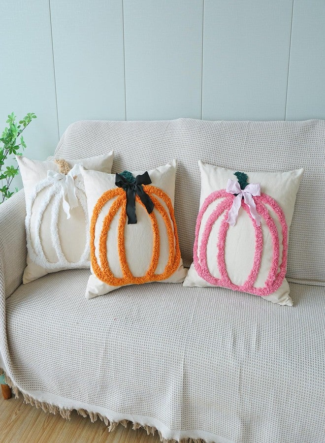 vctops Fall Pumpkin Pillow Covers 18x18, Fall Decorations Autumn Cute Bowknot Tufted Throw Pillow Cases Soft Cotton Couch Cushion Case for Chair Sofa Bedroom Living Room Home Decor (White,18"x18") - Image 3