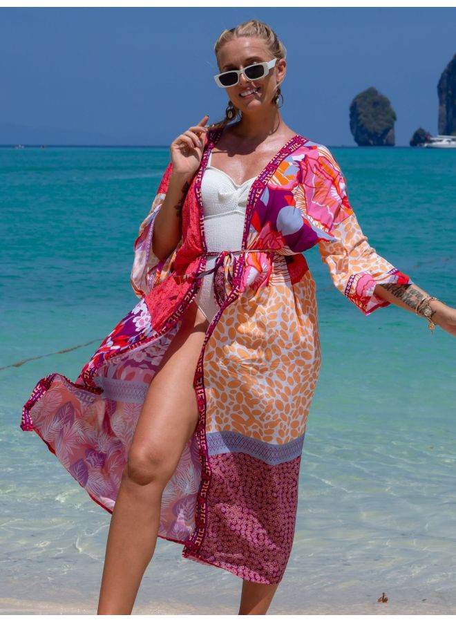 European And American Rayon Printed Beach Blouse Bikini Sun Protection Shirt Seaside Vacation Sun Protection Cardigan Swimsuit Outer Wear 22 Colors-Color:Tiger Color Leopard-  - Image 5