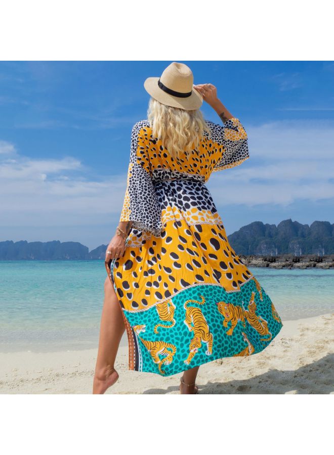 European And American Rayon Printed Beach Blouse Bikini Sun Protection Shirt Seaside Vacation Sun Protection Cardigan Swimsuit Outer Wear 22 Colors-Color:Tiger Color Leopard-  - Image 1