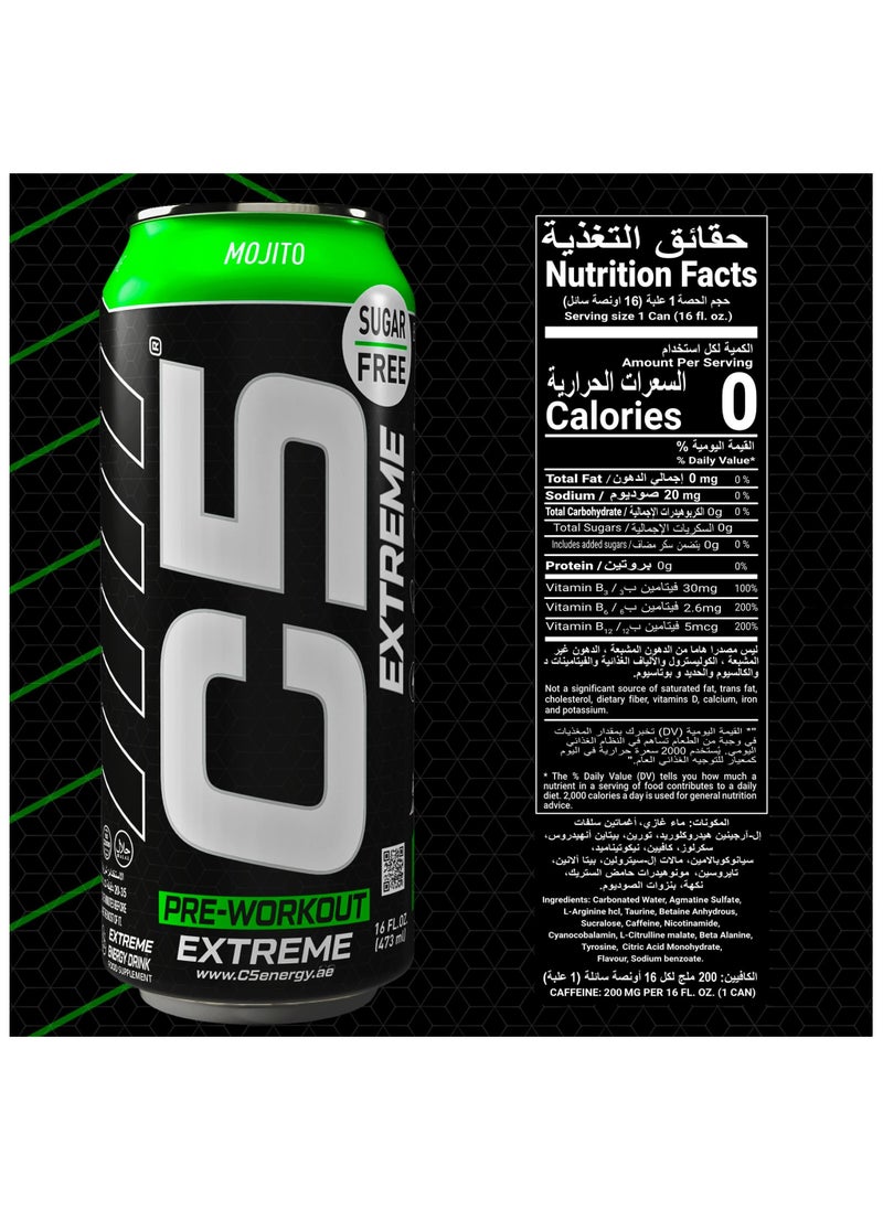 C5 - C5 Energy Drink Extreme Mojito -  Pre Workout , Sugar Free, Zero Calories, 200mg High Caffeine, Creatine - Beta Alanine - Citrulline Malate High-Performance Pre-Workout Booster Supplement Pack of 12 - Image 1