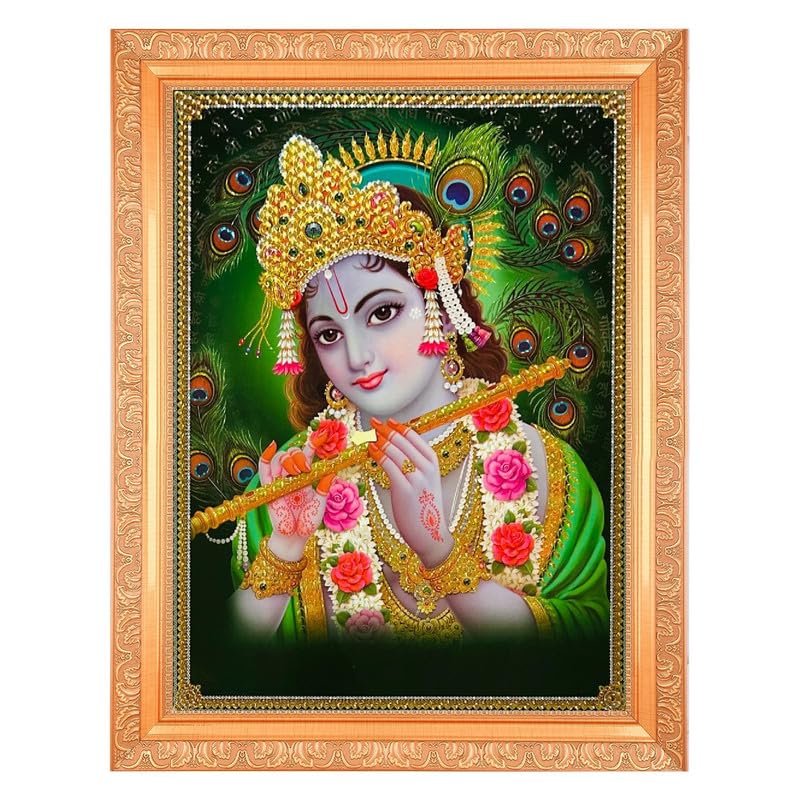 BM TRADERS Krishna Bhagwan With Crystal Effect Art Work Photo In Golden Frame Big 14 X 18 Inches - Image 1