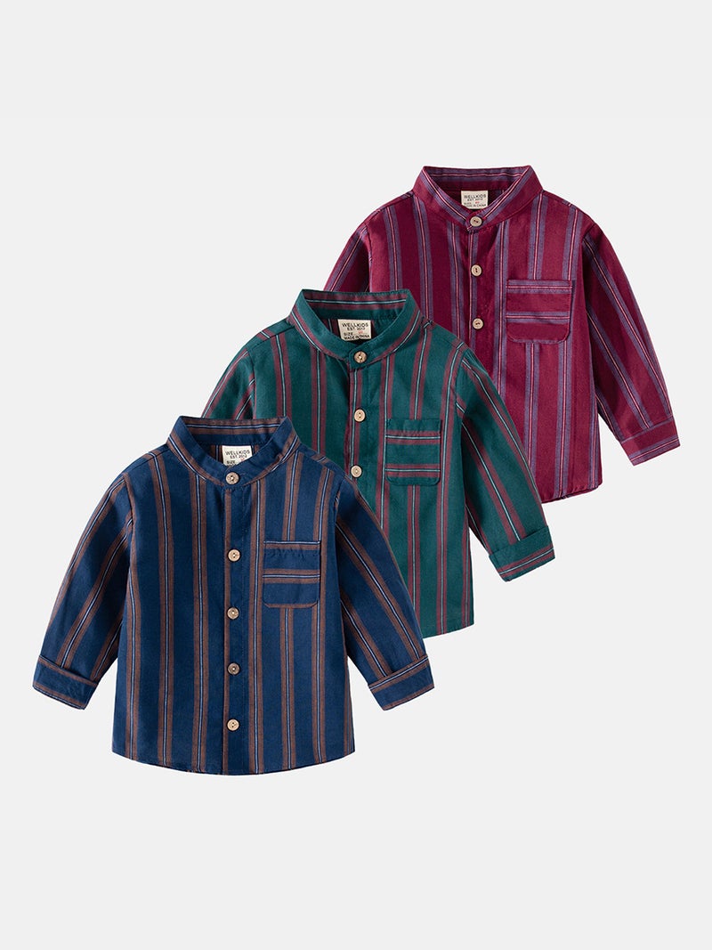 Children'S Long-Sleeved Shirts 2025 Autumn Korean Style Boys' Stand-Up Collar Stripesd Shirts Baby Tops Trendy Kidsren'S Clothing - Image 2